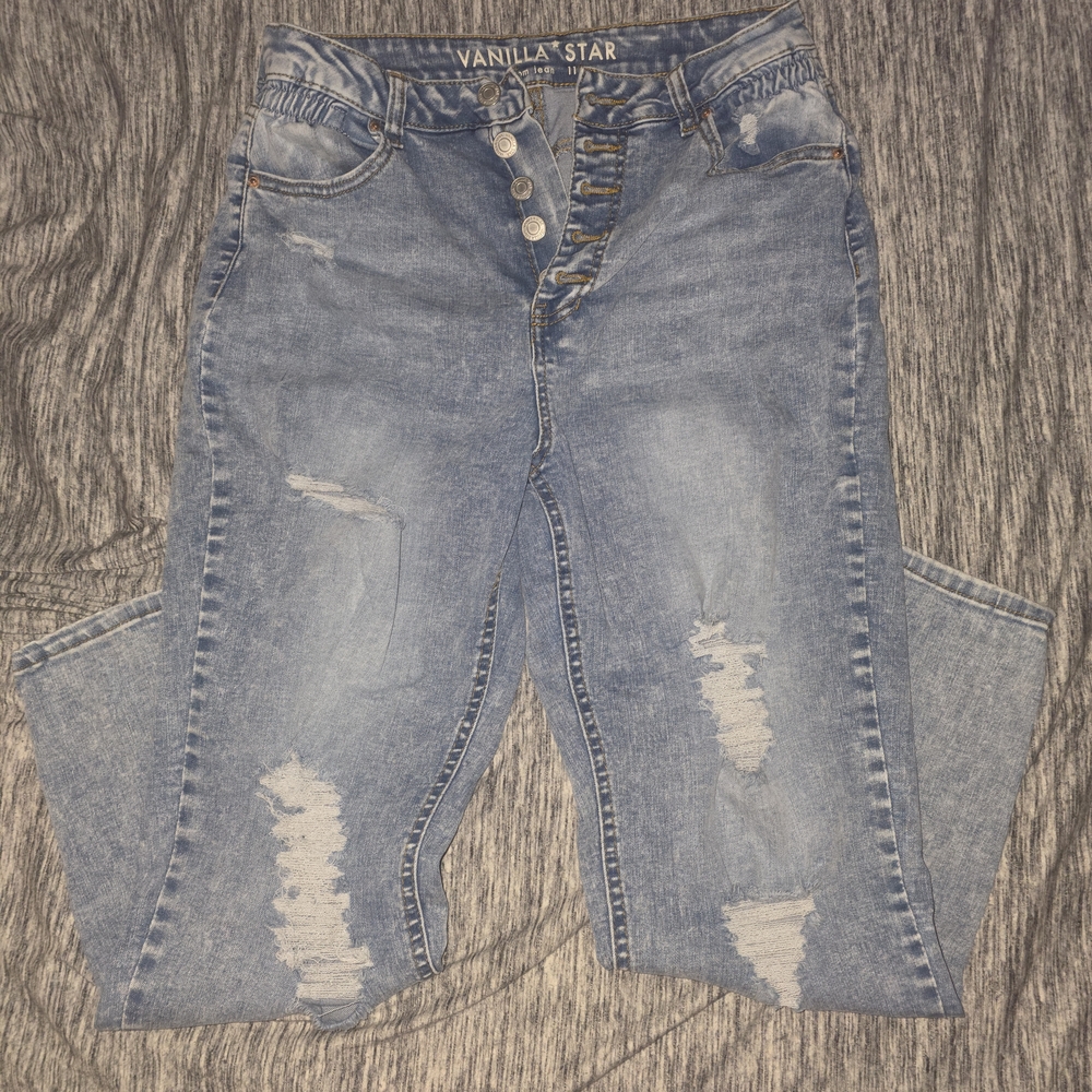 Vanilla Star Women's Distressed Light Blue High Rise Mom Jeans